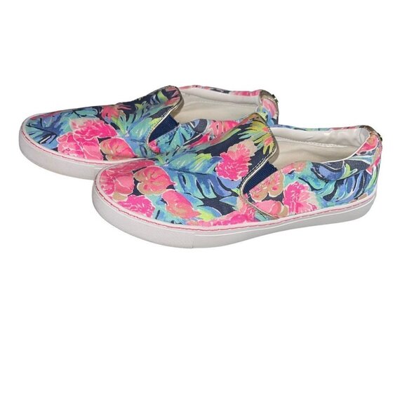 Lilly Pulitzer Sneakers Size 8 Pink Blue Tropical Floral Canvas Slip On - Picture 2 of 13